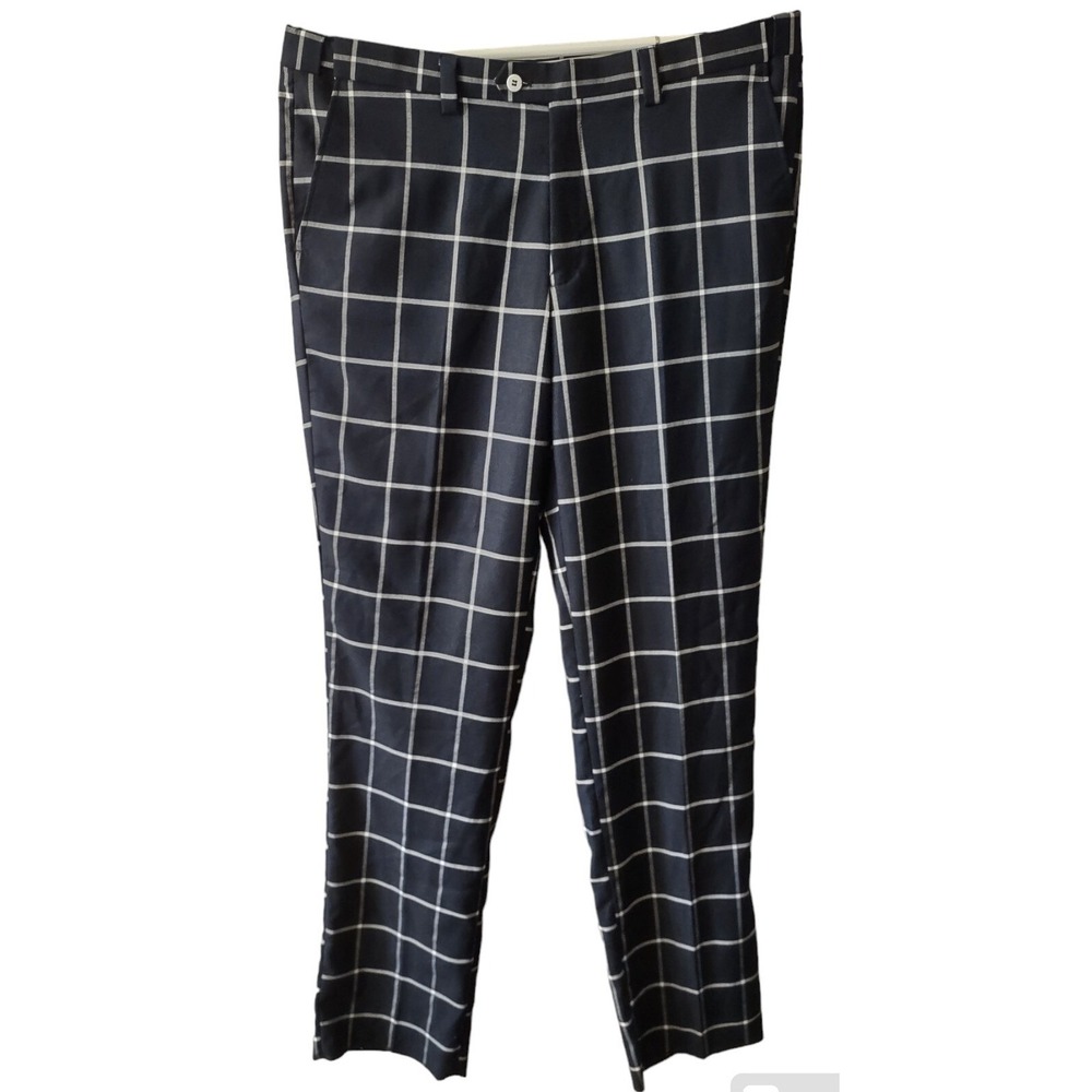 Blu Martini Dress Pants Men's 38R Navy Blue Check Flex Waist Pockets Raw Hem